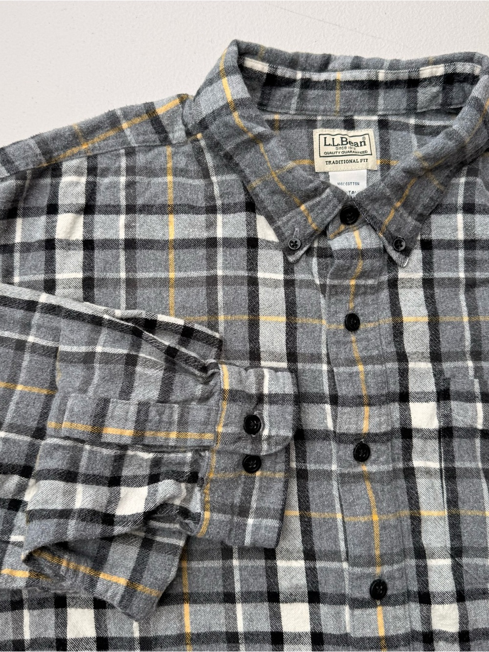 L.L. Bean Flanel Gray Plaid Button-Down Shirt with Yellow Accent